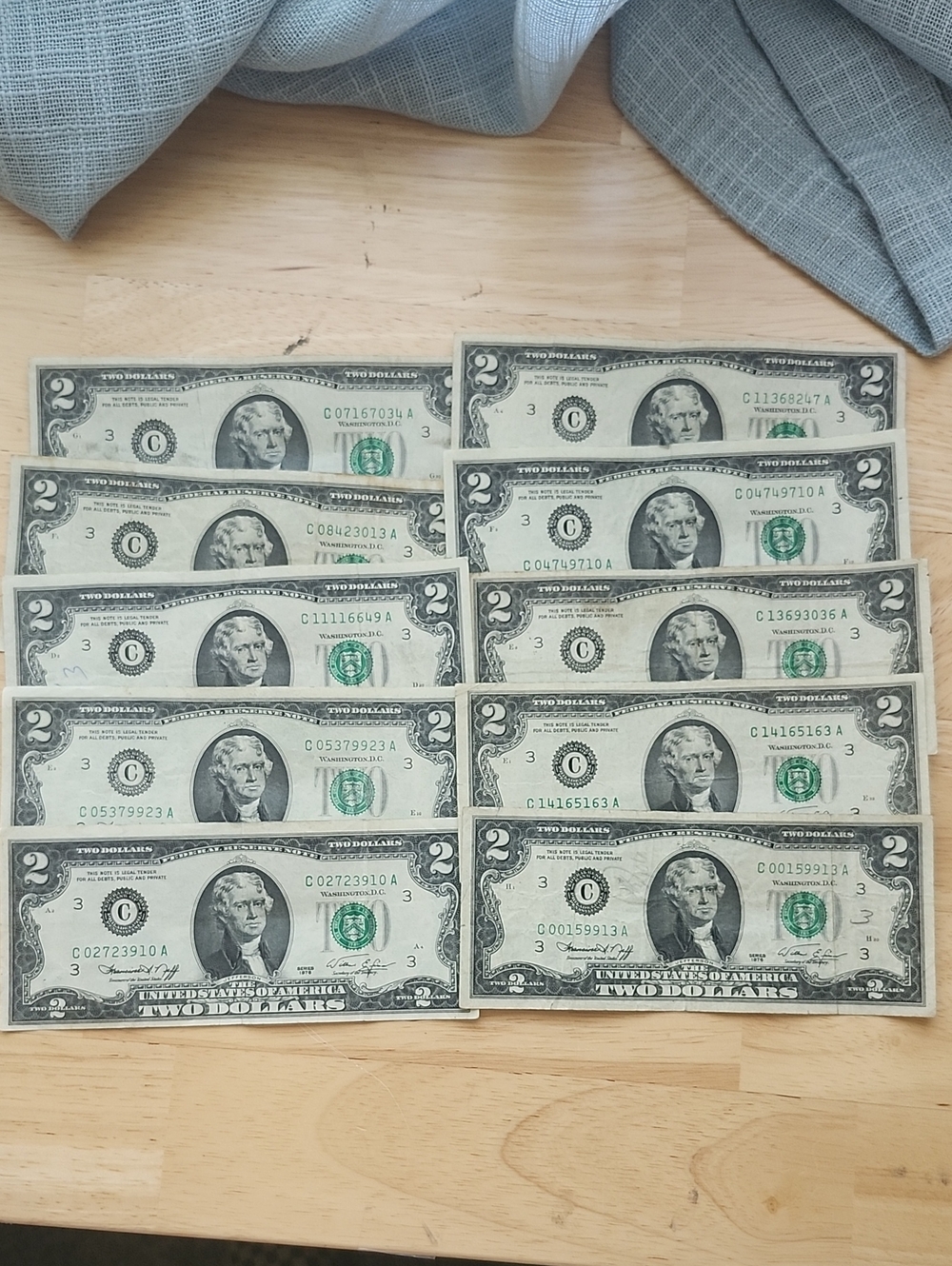 Lot of Ten 1976 US $2 Bills